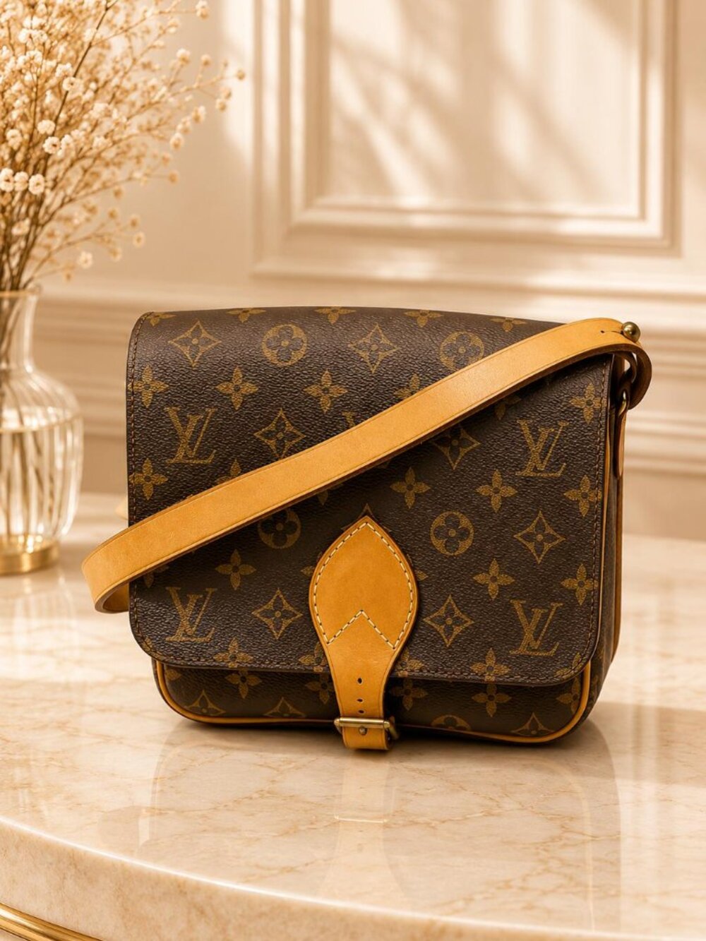 Authentic Louis Vuitton Cartouchiere MM Monogram Canvas Crossbody Shoulder Bag